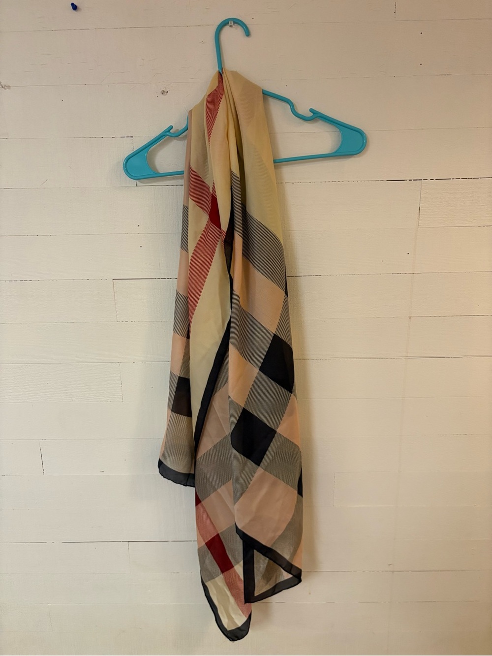 100% Pure Silk Plaid Scarf Beige Red Black Lightweight Classic Check